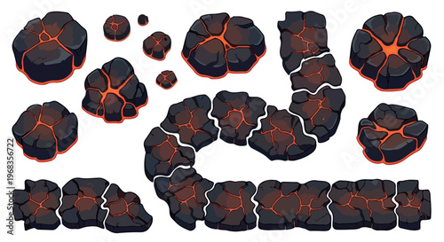 Volcanic lava stone game assets, glowing magma rock platforms and stepping stones, 15 cartoon basalt boulders for fantasy level design isolated PNG with Transparent Background