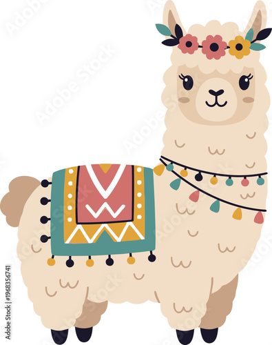 Llama with colorful floral headband on.