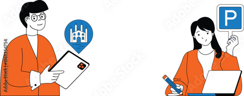 Two people collaborating on a parking solution near a historic building using digital and traditional methods together