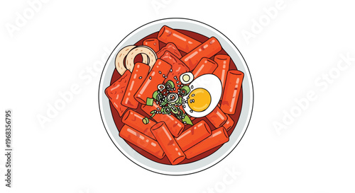 Vibrant Korean Tteokbokki Illustration in a Bowl with Boiled Egg and Scallions