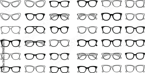 Eyeglasses frames vector set with various styles of optical glasses and sunglasses outline collection isolated on white background for fashion and vision design