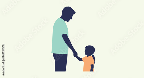 Minimalist father and daughter silhouette vector, parent holding hands with child, loving family bond and protection concept illustration