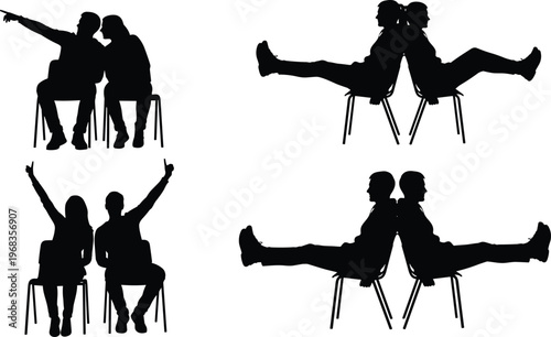 Set of couple silhouettes sitting on chairs in playful and expressive poses, relationship interaction collection isolated on white background for social and lifestyle concept