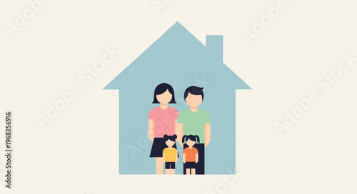 Flat vector family silhouette inside house icon, happy parents with two children at home, real estate and domestic life concept illustration