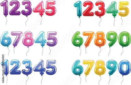 Colorful number balloons vector set with shiny inflatable digits for birthday party celebration decoration and festive design isolated on white background