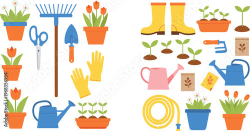Gardening tools and plants vector set with watering can gloves boots rake and flowers collection for garden care design spring nature illustration isolated