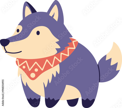 Purple Cartoon Husky Dog Wearing Scarf.