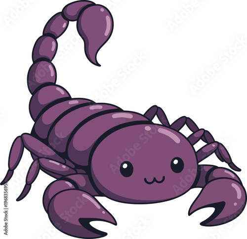 Purple cartoon scorpion with smiling face.