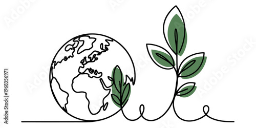 A single continuous line drawing of our planet earth connected to a vibrant green plant sprout. Vector, illustration