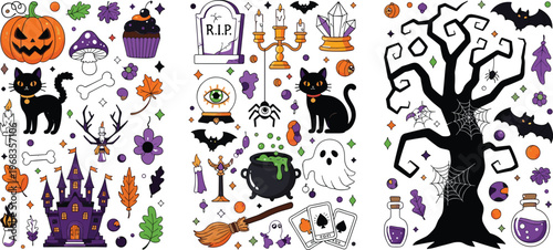 Halloween vector elements set with pumpkin ghost witch black cat haunted house spooky decorations collection for party design isolated on white background