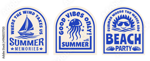 Vintage Summer Beach Badges Vector Illustration with Phrases like “Good Vibes Only”, Retro Tropical Vacation Vibes Emblems for T-Shirt Print, Poster, Coastal Print, Logos, Stickers, Summer Clubs