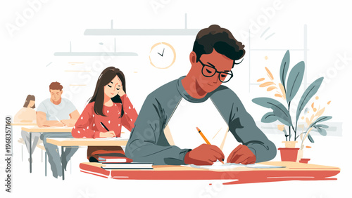 Diverse Students Focused on Writing an Exam in Classroom Illustration