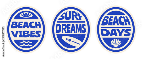 Retro Summer Beach rounded Badges Vector Illustrations with Quotes, Vintage Surf Vibes Sticker Design for T-Shirt Prints, Poster, Coastal Designs.
