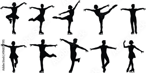 Set of figure skating silhouettes performing elegant ice dance poses, professional skater movement collection isolated on white background for winter sport and performance concept