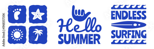 Retro Summer Surf Vector Flat Illustrations Set, Vintage Coastal Grid Icons, Tropical Beach Graphics for T-Shirt Prints, Poster, Travel and Vacation Designs With Surfboard, Shaka Hand Sign