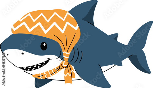 Smiling cartoon shark in hat.