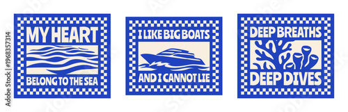 Set of Retro Summer Beach Vibes Flat Illustration for T-Shirt Print with Slogans, Vintage Tropical Apparel Sticker Design with Cruise Ship, coral, Coastal Travel Poster Badge Collection for Posters