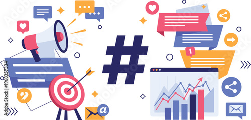 Social Media Marketing Illustration with Hashtag, Megaphone, Analytics Dashboard, Target, and Communication Elements for Digital Promotion Concepts