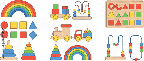 Kids educational toys vector set with rainbow blocks train shapes and stacking toys collection for preschool learning design isolated on white background