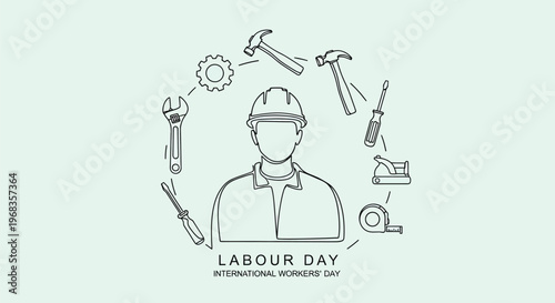 Labour Day vector illustration with construction worker avatar, International Workers Day line art banner, industrial tools and equipment icons