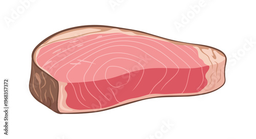 Illustrative depiction of a raw, vibrant tuna steak showcasing its distinct pink flesh and subtle marbling of lighter tones and fat