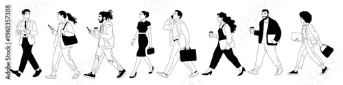 Busy professionals stride confidently through a bustling city. They walk with purpose, each figure distinct in posture and style. Silhouettes move forward, conveying urgency and determination