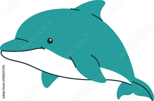 Teal cartoon dolphin swimming left.