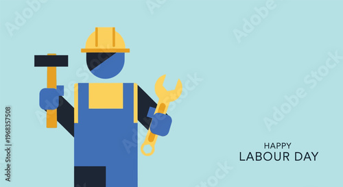 Happy Labour Day greeting card with worker character, flat vector illustration of construction man with hammer and wrench, industrial labor background
