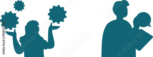 Two people holding gears symbolizing teamwork, innovation, and collaborative problem-solving in a modern work environment