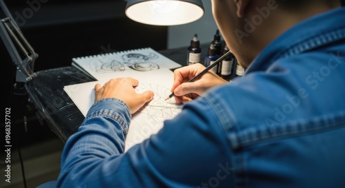 Artisan drawing intricate tattoo design on paper with precision tools under warm studio lighting