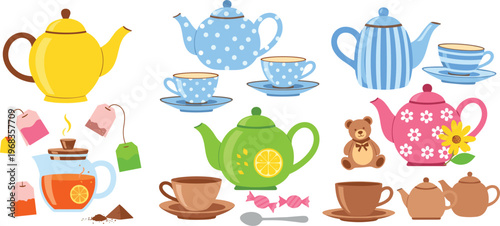 Tea set vector collection with teapots cups teabags and sweets colorful illustration for cafe menu kitchen design and beverage themes isolated on white