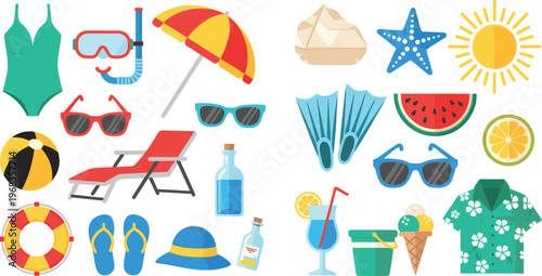 Summer beach vacation elements vector set with sunglasses umbrella swimsuit ice cream flip flops sun and accessories for travel holiday design isolated on white