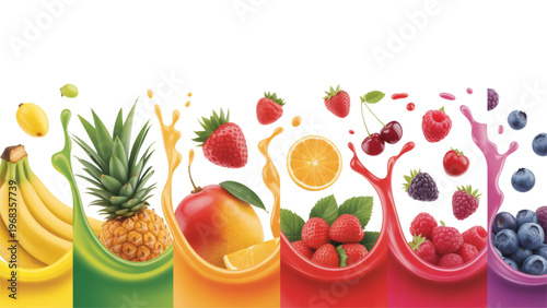 Colorful assortment of fresh vegetables and fruits in vibrant bunches. Vector
