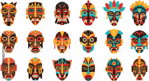 Tribal african masks vector set with colorful ethnic designs traditional cultural faces collection for art decoration festival and heritage illustration isolated on white