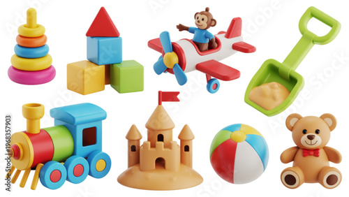 Colorful assortment of plastic children's building blocks and toys on a surface Vector