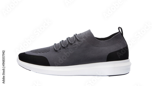 Canvastavla Modern gray knit sneaker with black rubber sole and gray laces, isolated on tran