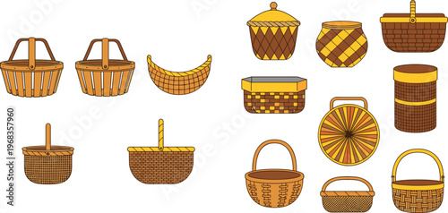 Wicker basket vector set with different woven containers picnic baskets and storage designs collection for home decor illustration isolated on white background