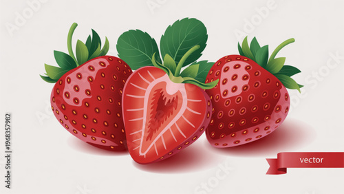 Freshly picked strawberries with green leaves and small stems Vector