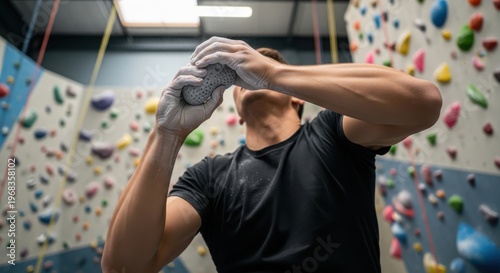 Man in black shirt stretching arms at indoor rock climbing gym with colorful holds