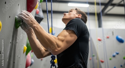 Muscular man climbing indoor rock wall with colorful holds in modern gym
