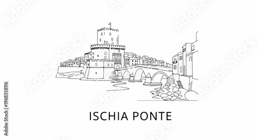 A black and white sketch depicts a fortified tower connected to an arched bridge over water