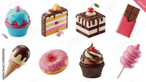 Assorted colorful desserts featuring ice cream, cake, and donuts Vector