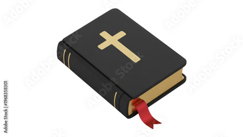 Closed black bible with a red ribbon and a cross emblem on the cover Vector