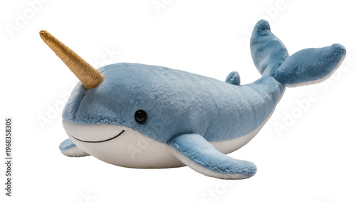 Bilde på lerret Soft plush narwhal toy with a long spiraled horn, playfully posed and isolated o
