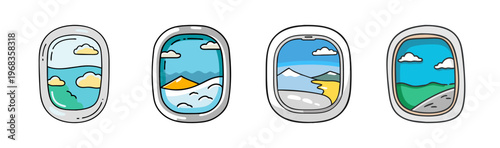 Four airplane window views showing diverse landscapes and weather conditions.