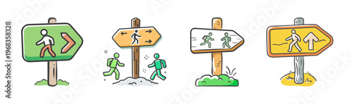 Hand-drawn walking trail signs indicating direction for hikers and travelers.