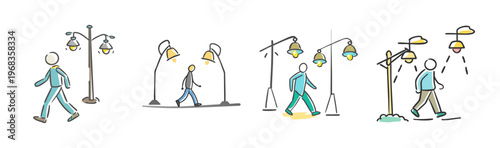 Four stylized figures walking under streetlights at night, simple line art.