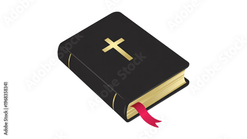 Black closed book with a red ribbon and a golden cross emblem on the cover Vector