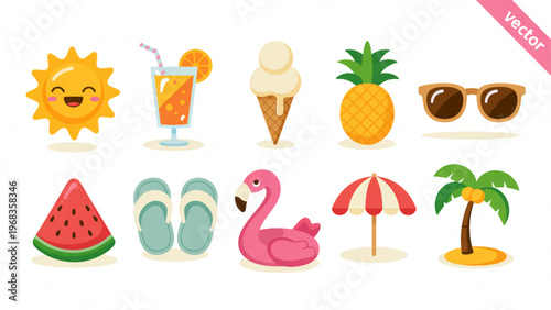 Colorful summer icons featuring sun, flip-flops, and tropical drinks Vector