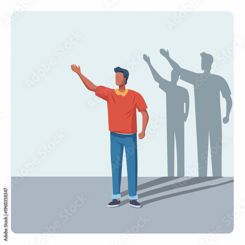 A vector illustration of a young man in an orange t-shirt and blue jeans stands on a grey floor, with his right arm raised in a wave. 